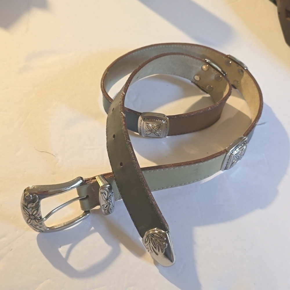 Womens leather Multi-Color Belt Silver floral square medallion Silver Buckle S/M